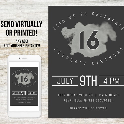 Teen Boy Birthday Party Invitation Template Masculine Man - Etsy