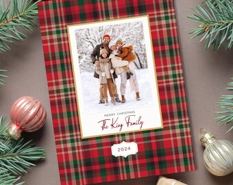 Photo Christmas Card - Family Christmas Card - Plaid Photo Greeting Card - Editable Christmas Card - Christmas Card Template