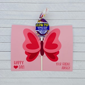 Butterfly Valentine - Butterfly Lollipop Valentine - Girls Valentines - Editable Valentine - Kids Valentines - Pink