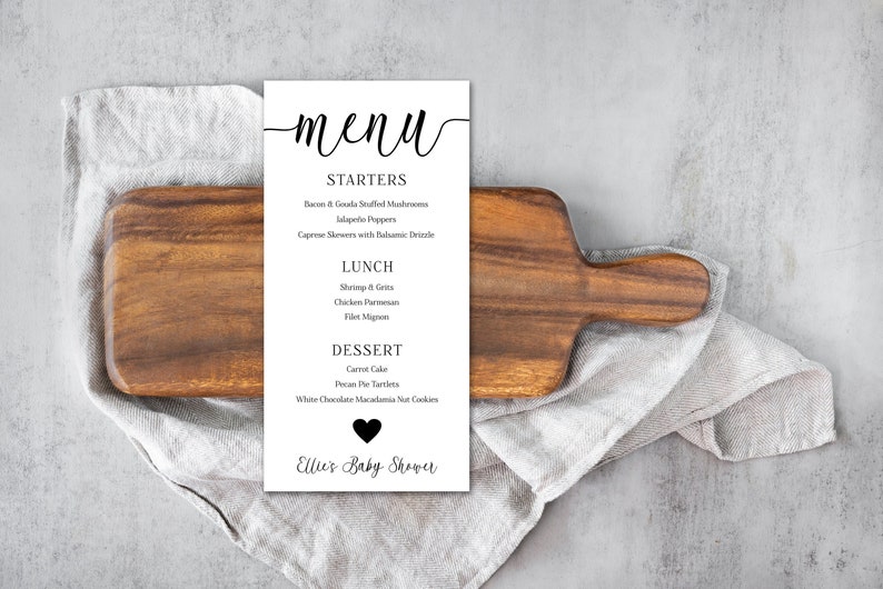 Minimalist Menu Template, Baby Shower Menu, Minimalist Black and White Menu, Modern Menu, Gender Neutral Baby Shower, Instant, Editable image 1