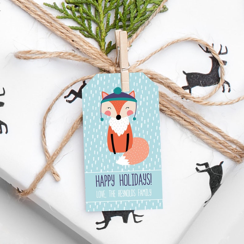 Printable Holiday Gift Tag Editable Holiday Tag Fox Christmas Tags Personalized Christmas Tags Instant Download image 1