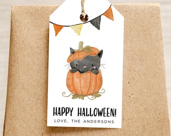 Halloween Tag-Watercolor Cat Halloween Gift Tag - Cute Halloween Tag - Cat in a Pumpkin- Halloween Printable - Editable