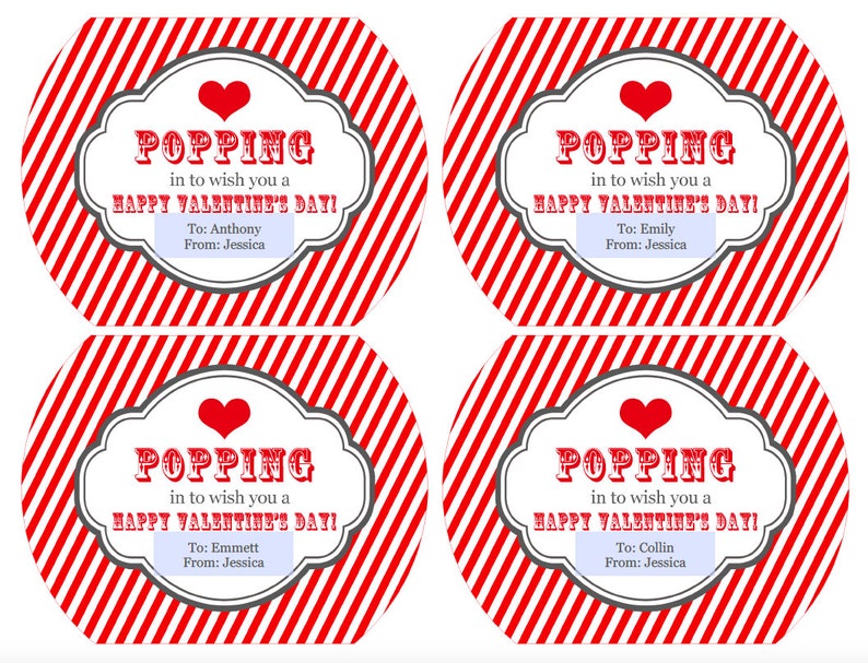 Popcorn Valentine Treat Bag Kids Valentines Popping in to say Happy Valentine's Day Personalized Classroom Valentines image 4