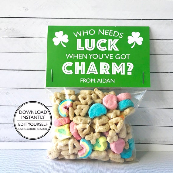 St. Patrick's Day Cereal Treat Bag Topper - Lucky Charms Treat Bag - St. Patrick's Day Class Treats - Printable and Editable Il_570xn