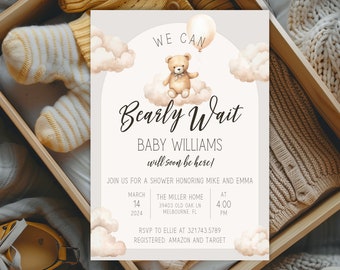 Baby Shower Invitation Template, Neutral Teddy Bear Invitation, Bear Baby Shower, Bearly Wait, Couples Shower, Instant Download, Editable