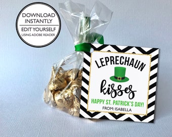 St. Patrick's Day Treat Bag Topper - Leprechaun Kisses Treat Bag - Kiss Me I'm Irish - Printable and Editable - Kids Goody Bag