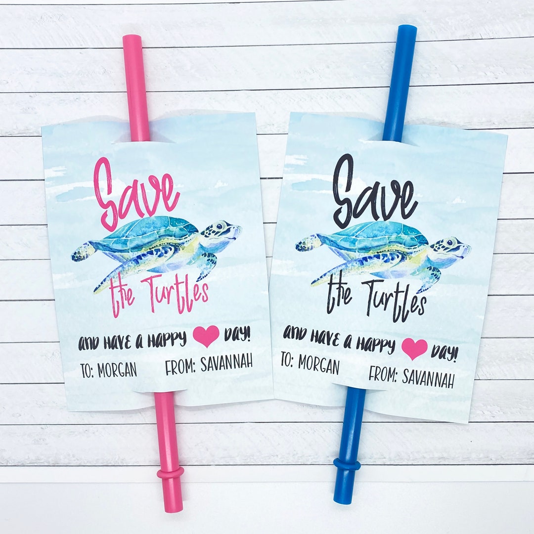 VSCO Girl Valentine Card Save the Turtles Straw Valentine Etsy