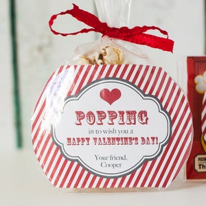 Popcorn Valentine Treat Bag Kids Valentines Popping in to say Happy Valentine's Day Personalized Classroom Valentines image 1