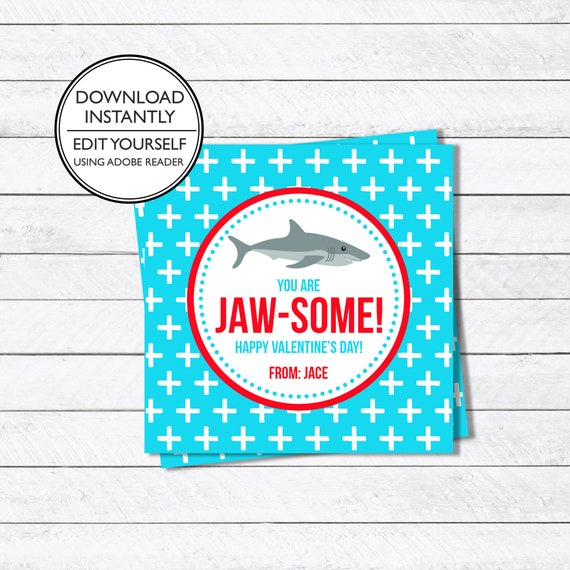 Shark Valentine Card - Jawsome Valentine Tag - Kids Valentines - Class Valentines - Shark Valentines - Printable and Editable Il_570xn