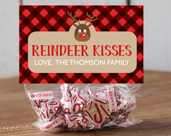 Buffalo Plaid Reindeer Kisses Topper - Custom - Instant Download - Editable -Christmas Treat bag -Teacher Christmas Gift
