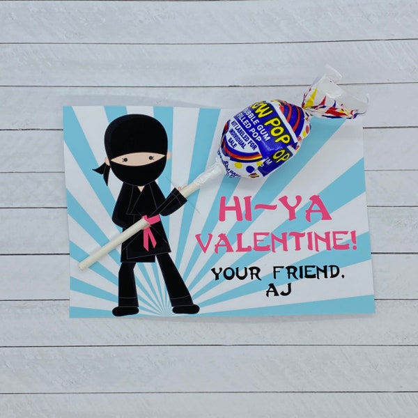 Ninja Kids Valentine  - Printable and Editable Kids Valentine - Hi-Ya Valentine - Girl's Valentines - Classroom Valentines