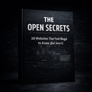 Op de afbeelding: Een hardcover boek getiteld "THE OPEN SECRETS" met de ondertitel "50 Websites That Feel Illegal to Know (But Aren't)". Het boek heeft een donkere, getextureerde omslag met witte tekst. De achtergrond is een donkere, vage afbeelding.
