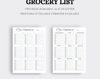 Elegante Einkaufsliste Druckbare Vorlage | Lebensmittelgeschäft Planer | Lebensmittel-Einkaufsliste | A4 & US Letter-Größe | Mahlzeit Veranstalter | Sofort Download PDF