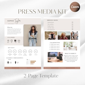 May include: A two-page press media kit template with a neutral color palette. The template includes sections for "About Me," key stats, audience demographics, services, collaborations, and a "What to Expect" section. The template is designed in Canva.