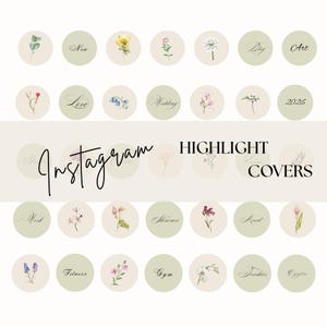 May include: A collection of Instagram highlight covers featuring watercolor floral illustrations and text. The covers are in a soft, neutral color palette with words like "New," "Love," and "Wedding." The phrase "Instagram Highlight Covers" is also displayed.