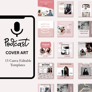 Puede incluir: Un conjunto de 15 plantillas editables de arte de portada de podcast de Canva. Las plantillas presentan un gráfico de micrófono, la palabra "Podcast" y varios diseños con imágenes y texto, como "Nuevo episodio".