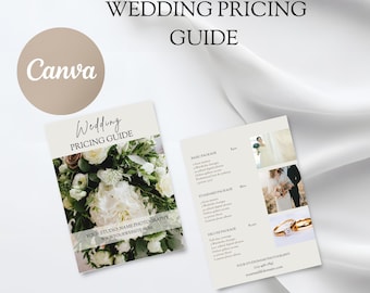 May include: A wedding pricing guide with the text "Wedding Pricing Guide" and "Your Studio Name Photography". The guide features images of a bride and groom, wedding rings, and a floral arrangement.