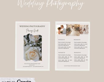 May include: A wedding photography pricing guide with a beige background. The left side features a close-up of white roses. The right side displays four packages with sample text and wedding photos. The text "Wedding Photography" and "Pricing Guide" are visible.