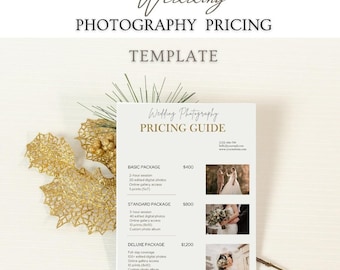 May include: A wedding photography pricing guide template with a gold and white color scheme. The guide lists package options with prices, including basic, standard, and deluxe packages. The text "Wedding Photography Pricing Guide" is at the top.