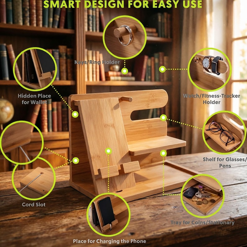 May include: A bamboo docking station featuring a phone stand, a watch and fitness tracker holder, a ring peg, a shelf for glasses, a tray for coins and stationery, a hidden wallet slot, and a cord slot, labeled SMART DESIGN FOR EASY USE.