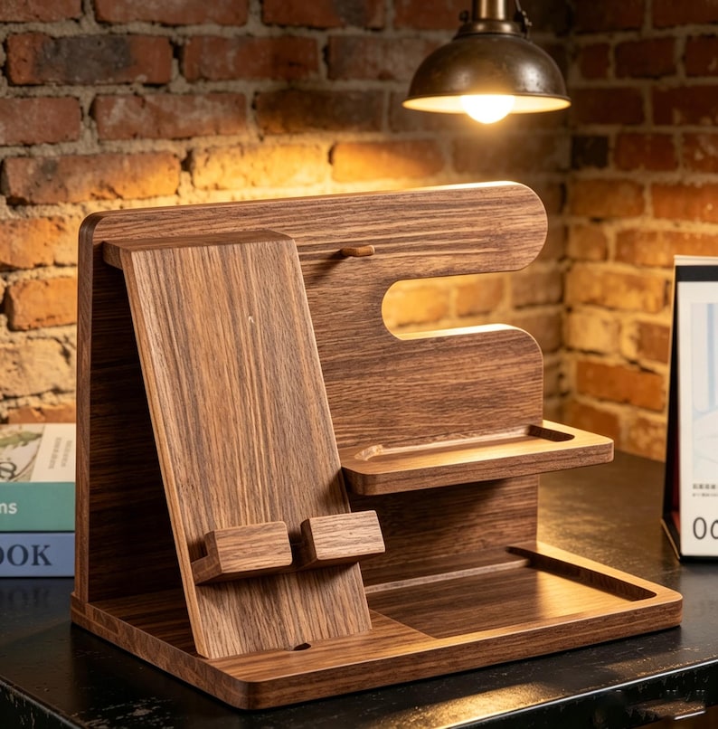 May include: A dark brown wooden docking station featuring a slanted phone stand with two small support blocks, a horizontal shelf for accessories, and a flat base tray. The organizer has a smooth, polished finish with visible wood grain patterns.