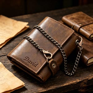 Cartera de cuero personalizada con cadena antirrobo, billetera triple hecha a mano con llavero, regalo para él, papá, esposo