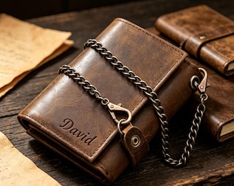 Personalized Leather Wallet with Anti-Theft Chain, Handmade Trifold Wallet with Key Holder, Gift for Him, Dad, Husband