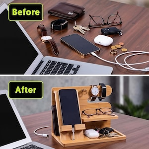 May include: A bamboo desk organizer featuring a vertical slot for a smartphone, a small shelf for eyeglasses, a hook for a watch, and a base tray for keys, a wallet, and wireless earbuds. The organizer holds personal items neatly in place.
