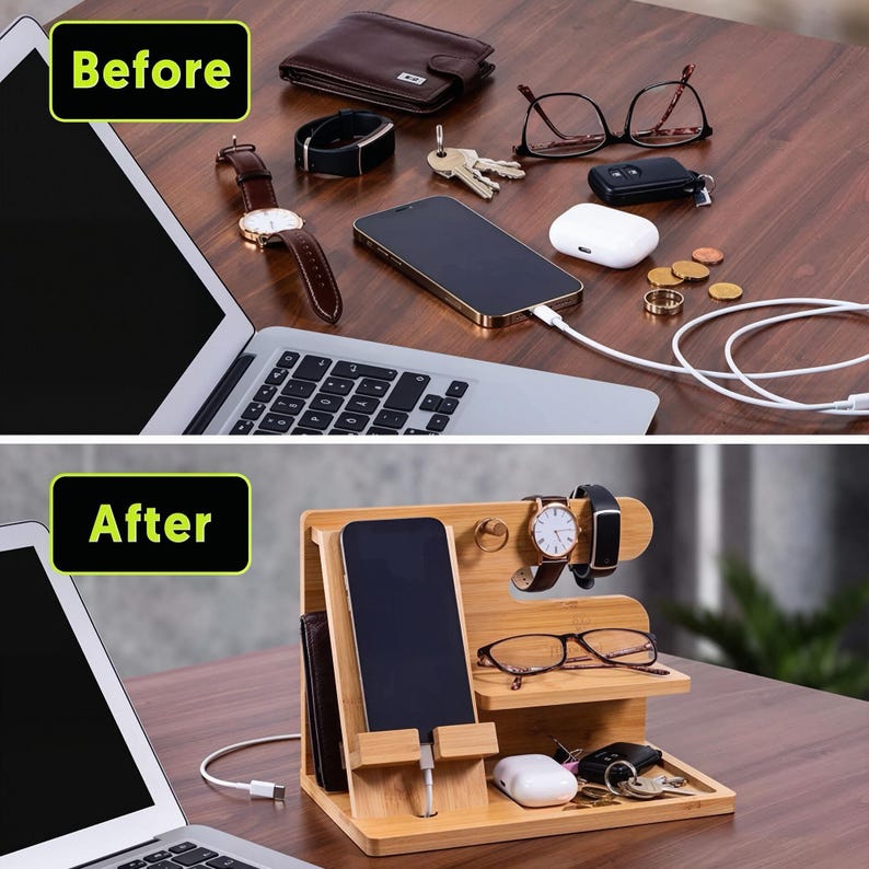 May include: A bamboo desk organizer featuring a vertical slot for a smartphone, a small shelf for eyeglasses, a hook for a watch, and a base tray for keys, a wallet, and wireless earbuds. The organizer holds personal items neatly in place.