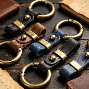 May include: A collection of leather keychains in various colors, including black, brown, and blue. Each keychain features a brass-colored metal ring and a matching brass-colored metal accent. The keychains are arranged on a dark wooden surface.