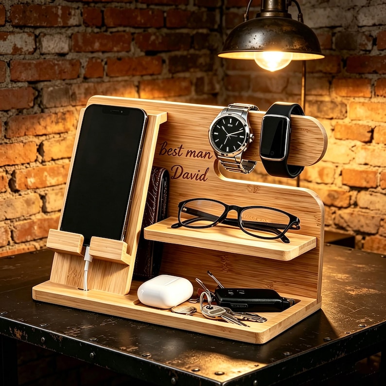 May include: A bamboo docking station featuring a smartphone stand with a charging cable, a shelf for eyeglasses, a horizontal bar for a wristwatch and a smartwatch, and a base tray holding a white earbud case and a set of keys with the text best man David.