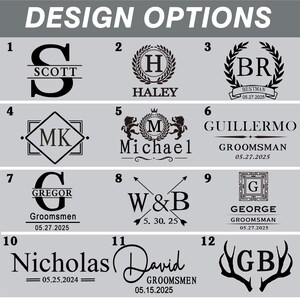 May include: A grid of twelve black engraved design options on a light gray background, labeled with numbers 1 through 12. The designs feature various monograms, names like Scott, Haley, and Michael, dates, and symbols including wreaths, lions, arrows, and antlers.