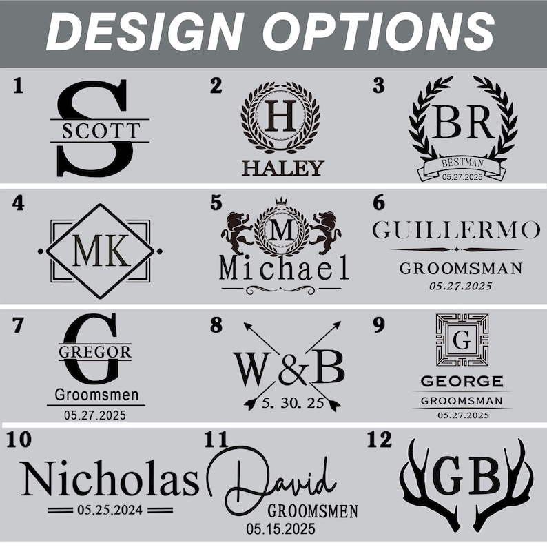 May include: A grid of twelve black engraved design options on a light gray background, labeled with numbers 1 through 12. The designs feature various monograms, names like Scott, Haley, and Michael, dates, and symbols including wreaths, lions, arrows, and antlers.