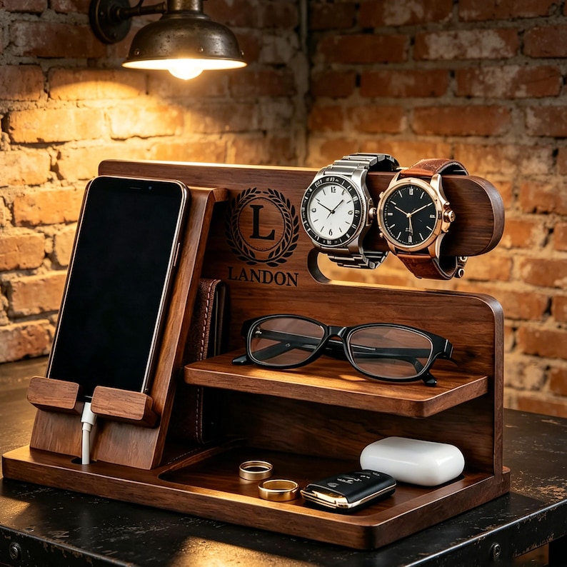 May include: A dark wood docking station featuring a phone stand with a charging cable, a shelf for eyeglasses, and a horizontal bar for two wristwatches. The wood is engraved with a laurel wreath emblem and the name LANDON. Includes space for small items.