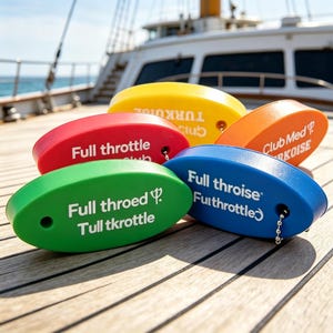Op de afbeelding: Een verzameling van vijf ovaalvormige drijvende sleutelhangers in rood, geel, oranje, groen en blauw. Elke sleutelhanger is voorzien van witte bedrukte tekst, waaronder 'Full throttle', 'Club Med' en 'TURKOISE', en een kleine metalen kogelketting.