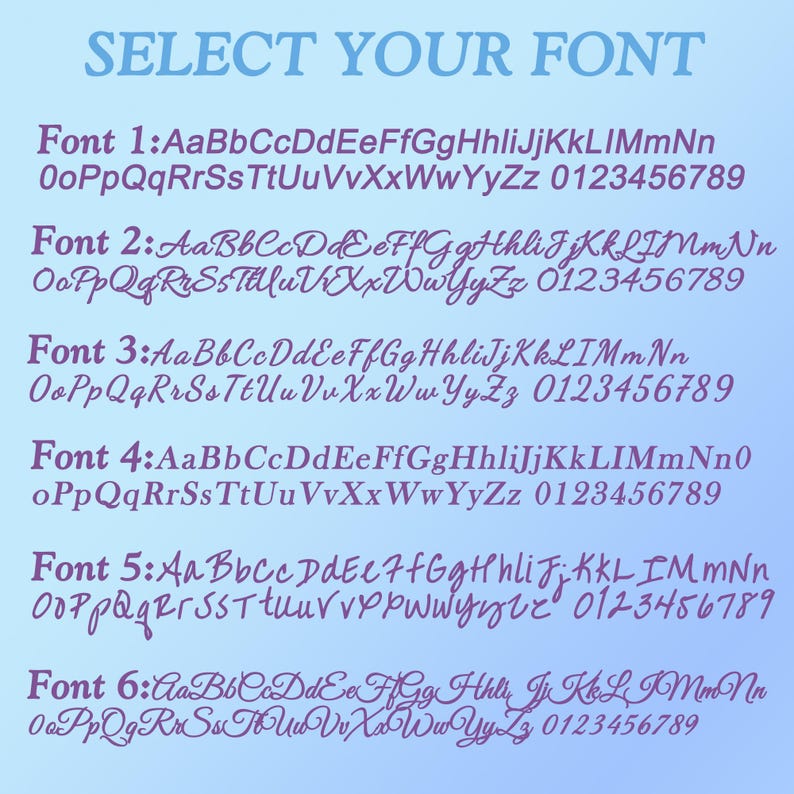 May include: A digital chart titled SELECT YOUR FONT displaying six distinct purple font styles against a light blue gradient background. Each numbered row features the full uppercase and lowercase alphabet followed by the numbers 0 through 9.
