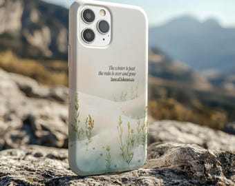 May include: A white phone case with a nature-inspired design. The case features a watercolor landscape with green and yellow plants, and text that reads "The winter is past the rain is over and gone Song of Solomon 2:11."
