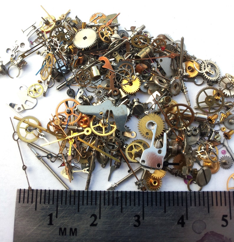 Steampunk Watch Pieces and Parts 300 plus pieces of TEENY TINY VINTAGE gears, cogs, wheels, hands, crowns, stems, etc. image 2