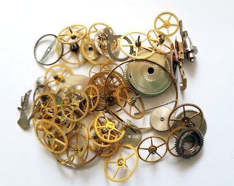 Pocket watch parts  - small sample lot of steampunk watch gears, wheels, hands, dials steampunk supplies for jewelry making, sculpture