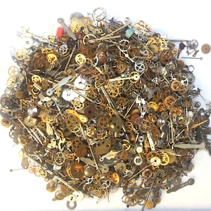 Steampunk Watch Parts and pieces - 80g of 1500 plus pieces of TEENY TINY VINTAGE gears, cogs, wheels, hands, crowns, stems, etc.