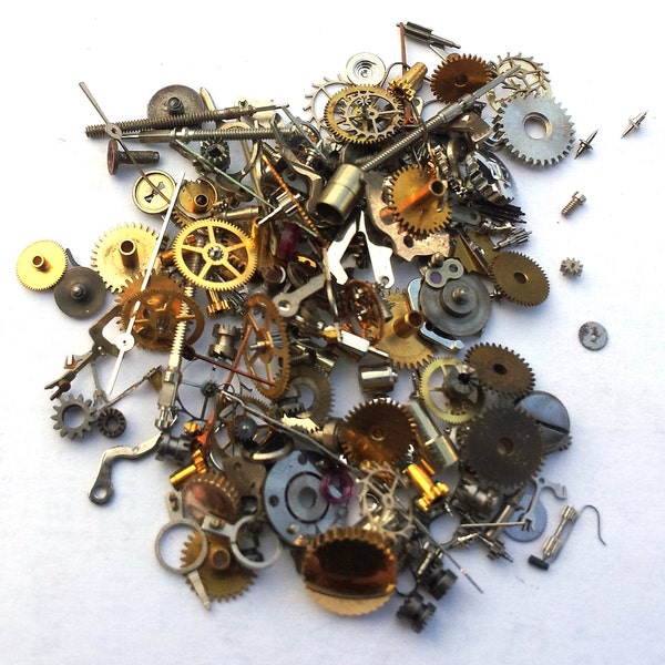 Steampunk Watch Pieces and Parts - 150 plus pieces (5g) of TEENY TINY VINTAGE gears, cogs, wheels, hands, crowns, stems, etc.