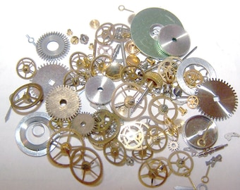 Steampunk Watch Pieces and Parts - 100 plus pieces of VINTAGE watch gears, wheels, hands, crowns, stems, etc.