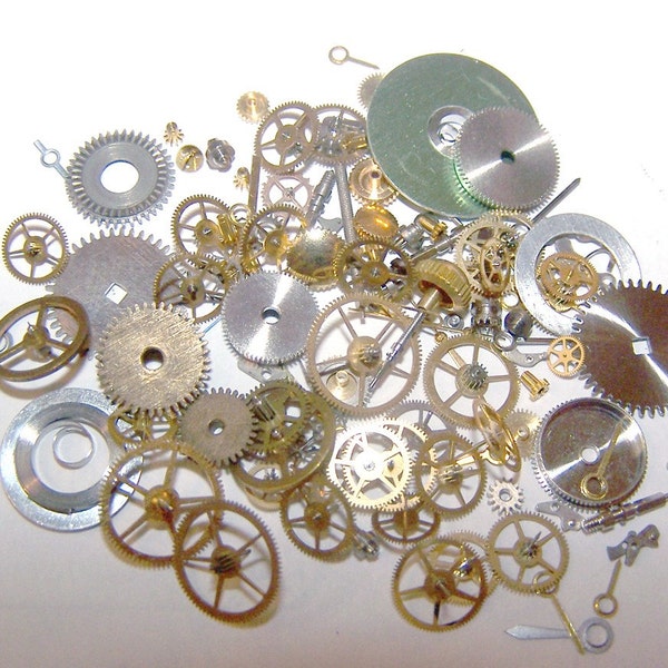 Steampunk-Uhrenteile und -teile - Über 100 Stück VINTAGE-Uhrenzahnräder, -räder, -zeiger, -kronen, -schäfte usw.