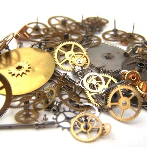 Steampunk Watch Pieces and Parts - 75 plus pieces of VINTAGE gears, wheels, cogs, hands, crowns, stems, etc.