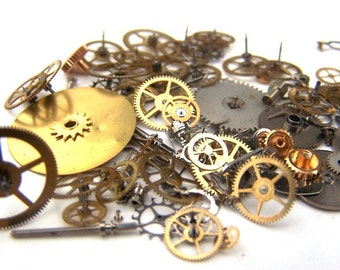 Steampunk Watch Pieces and Parts - 75 plus pieces of VINTAGE gears, wheels, cogs, hands, crowns, stems, etc.