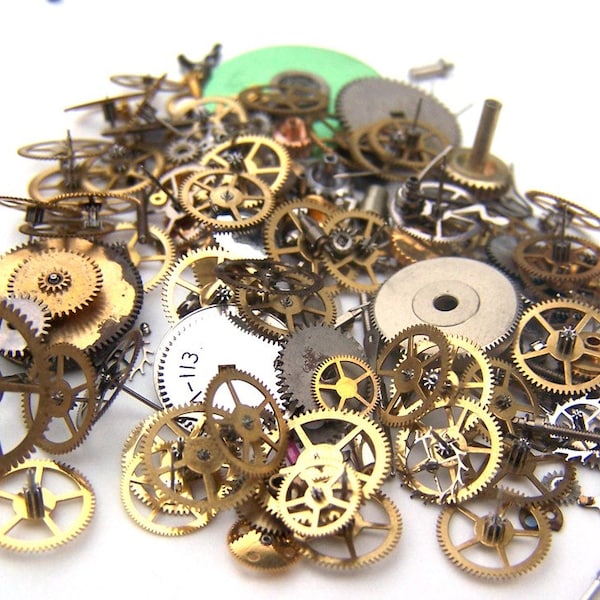 Steampunk Watch Pieces and Parts - 150 plus pieces of VINTAGE gears, wheels, hands, crowns, stems, etc.