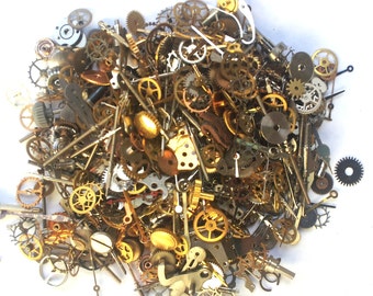 Steampunk Watch Parts and pieces - 30g of LOTS of TEENY TINY vintage and antique gears, cogs, wheels, hands, crowns, stems, etc.