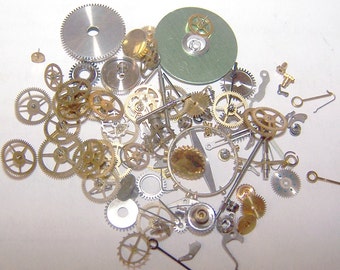 Steampunk Watch Pieces and Parts - 75 plus pieces of VINTAGE watch gears, wheels, hands, crowns, stems, etc.