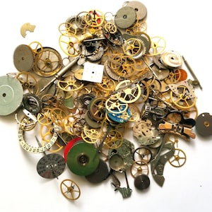 Pocket watch parts  - large lot of steampunk watch gears, wheels, hands, dials steampunk supplies for jewelry making, sculpture, 60 gram lot
