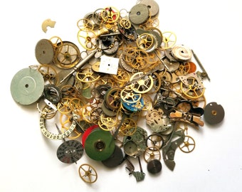 Pocket watch parts  - large lot of steampunk watch gears, wheels, hands, dials steampunk supplies for jewelry making, sculpture, 60 gram lot